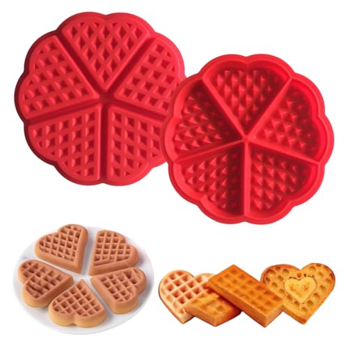 YAZWUR 2 PCS Stampi per Waffle in Silicone, Antiaderenti, Mini Stampi a Cuore per Muffin, Attrezzo da Forno, Stampo per Pancake, 5 Cavità (Rosso)
