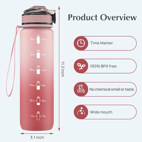 NAVTUE Water Bottle, 1L Sports Water Bottle with Straw, Time Markings, Tritan BPA free - Image 3