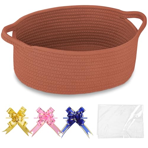 COMSE Small Woven Basket with Gift Bags and Ribbons Gift Basket Empty Cotton Rope Storage Organizer Baby Toy Box with Handles 12 x 8 x 5 Autumn Glaze