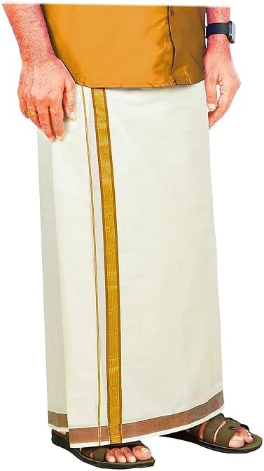 Global Men’s Traditional Cotton Dhoti with Golden Zari Border – South Indian Mundu/Veshti for Wedding, Puja & Festive Wear