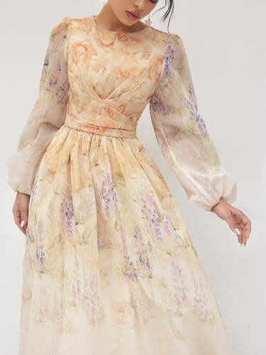 CIDER Floral Dress Long Sleeve Maxi Dress Women Crew Neck Mid Waist Pleated Elegant Party Vacation Dresses2