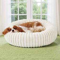 Bedsure ComfyFleece™ Donut Medium Dog Bed - Washable Faux Fur with Corduroy Fleece & Anti Slip Bottom, Round Pet Bed with Removable Cover, Cream, 30x30x8 inches
