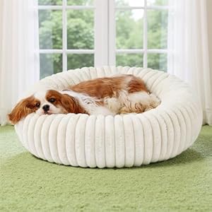 Bedsure Donut Medium Dog Bed – Washable Faux Fur with Corduroy Fleece & Anti Slip Bottom, Round Pet Bed with Removable Cover, Cream, 30x30x8 inches