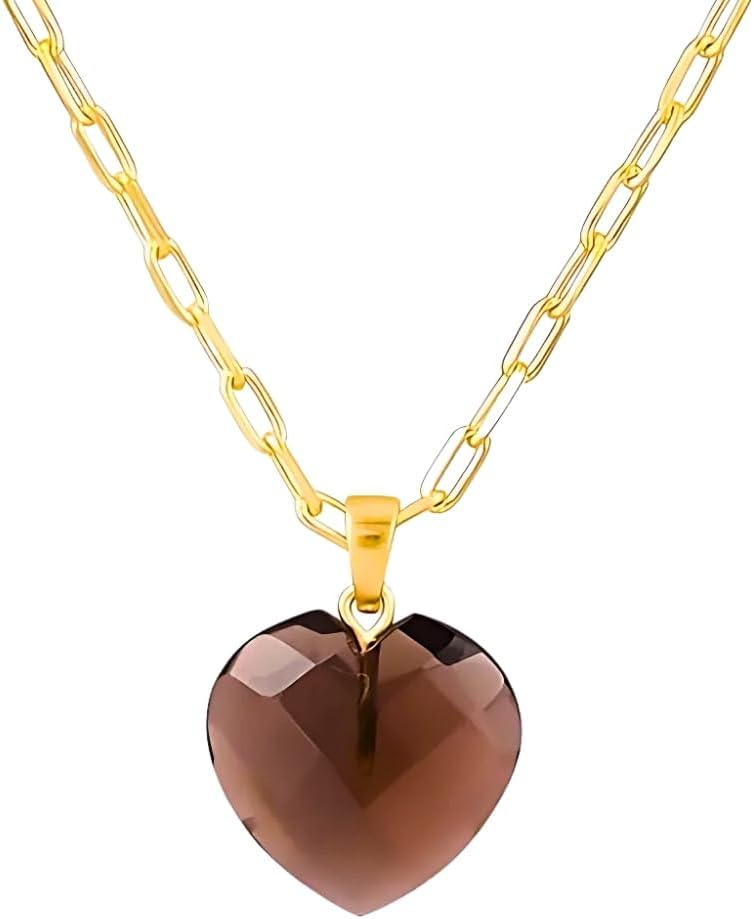 Gempires Paperclip Gemstone Heart Pendant Necklace for Women, Faceted Crystal Heart Necklace with 14k Gold Plated Hypoallergenic Adjustable 18 Inch Necklace for Her