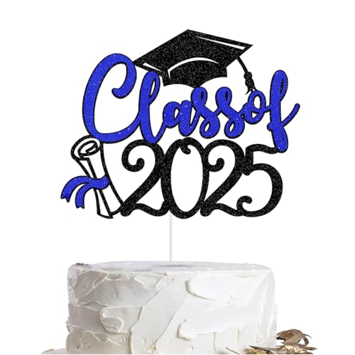 1PC Blue Glitter Class of 2025 Graduation Cake Topper, VARACL Graduation Decorations 2025 High School College Senior Grad Cap Diploma Cake Picks Grad Party Cake Decorations Supplies