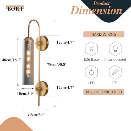 Image of BOKT Brushed Brass Gold Wall Mounted Sconce Mid Century Modern Smoke Gray Glass Wall Sconce Light Single Bathroom Bedroom Wall Lighting Fixtures for Living Room Hallway Kitchen Mirror (Smoke Gray)