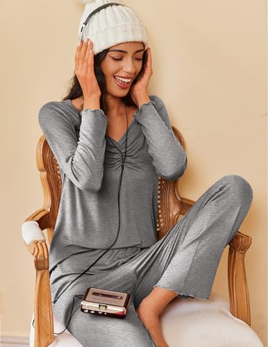 Image of Ekouaer Womens 2 Pack Pajama Set Long Sleeve Pajamas Top and Pants V Neck Pjs Set Soft Sleepwear Loungewear