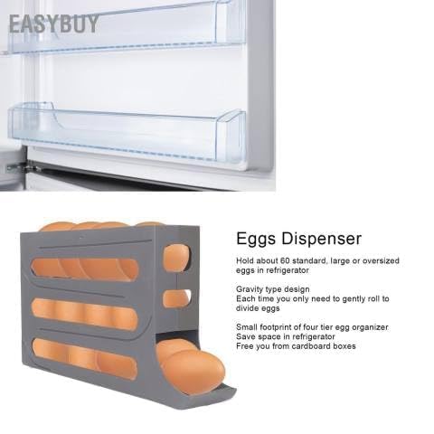Image of Plastic Automatic Rolldown Refrigerator Egg Dispenser, 4 Tier Rectangular Holder, Holds Up to 30 Eggs, Grey