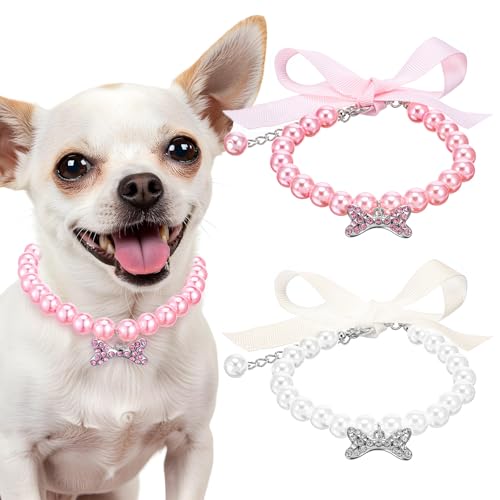 Gjinxi 2PCS Pearl Dog Necklace, Elegant Pearl Collar Necklace with Stainless Steel Wire Rope, Fancy Cat Wedding Collar Jewelry for Girl Cat Puppy Dogs Accessories for Dogs(Pink+White)