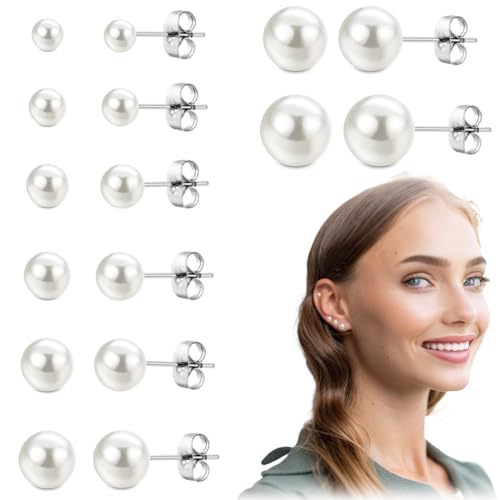 JEYORZY 8 Pares de Pendientes de Perlas de Plata, Pendientes de Perlas Blancas, Pendientes para Mujer, Hipoalergénicos, Elegantes, para Las Mujeres