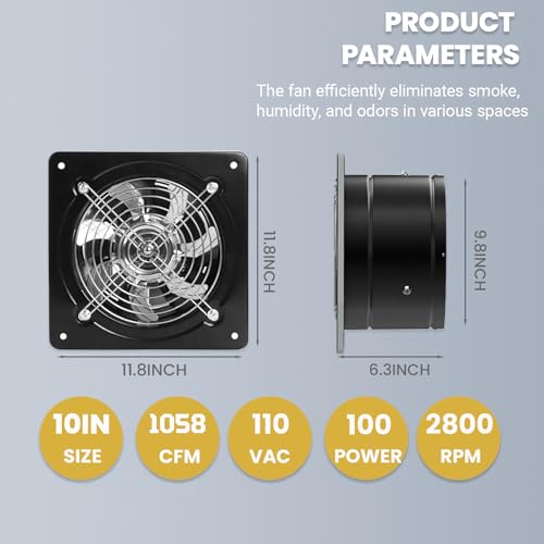 RLOZUI 10 inch Exhaust Fan with Switch, 1058 CFM PowerfulThrough Wall Exhaust Fan, Potable Window Exhaust Fans, Small Fume Extractor Ventilation Fan for Attic, Shop, Smoking Room, Garage
