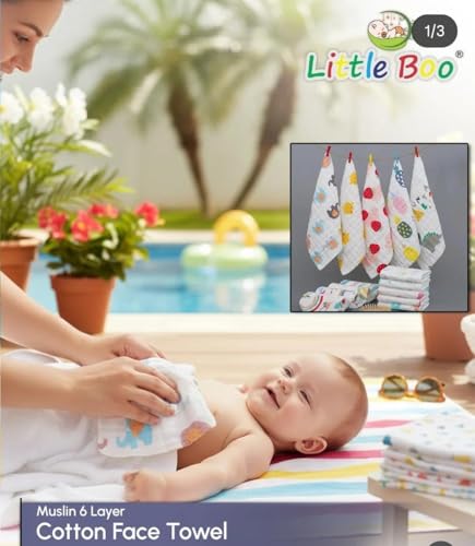 Image of Little Boo Muslin 6 Layer Cotton Face Towels for Newborn Baby Extra Soft Hankies Reusable Napkins for Infants Toddlers /Kids (Pack of 5) White Printed.