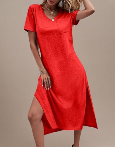 Image of Dyexces Women Summer T Shirt Dress Casual Short Sleeve V Neck Maxi Dresses Loose Side Slit Long Tshirt Dress with Pockets