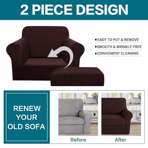 Image of Turquoize 2 Piece Chair Covers Chair Slipcovers for Living Room Small Armchair Chair Cover with Arms Washable Furniture Cover for Chairs Feature Thick Jacquard Fabric (Small Armchair, Brown)