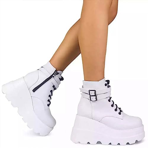 Optigard Women's Goth Platform Ankle Boots,Fashion Round Toe Lace Up Side Zip Punk Wedge Booties Chunky Motorcycle Combat Boots4