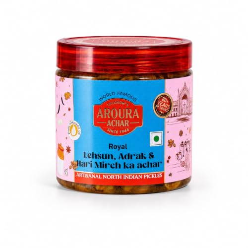 Image of LUCKNOW'S AROURA ACHAR SINCE 1944 Royal Lehsun,Adrak & Hari Mirch Ka Achar 400g for Home Use Home Made With Love No Artificial Colors