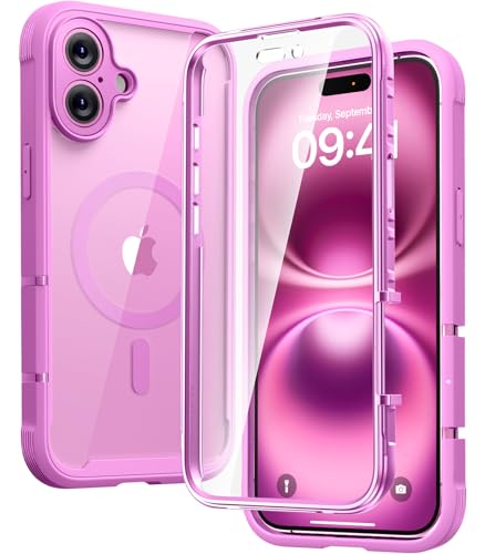 Diaclara Magnetic for iPhone 16 Case Compatible with MagSafe Built-in Shockproof Protective Protector Upgraded [Full Camera Protection] Phone Flip Case for iPhone 16 6.1(Pink)