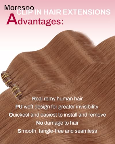 Image of Moresoo Copper Clip in Human Hair Extensions, 18inch Seamless PU Skin Weft | Clip in hair extensions, light copper, 120g 7pcs, for social and autumn styling, adds warm dimension for cozy elegant looks