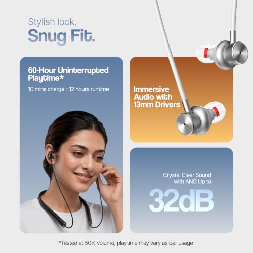 Image of Ambrane Wireless Neckband Bluetooth 6 with Active Noise Cancellation ANC -32dB, 13mm Dynamic Bass Drivers, 60Hrs Playtime, Fast Charging, Voice Assistant, Lightweight 56g