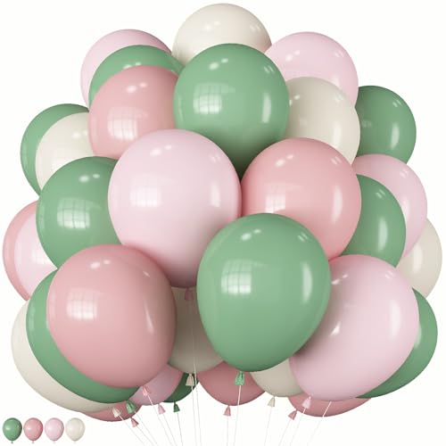 Image of Sage Green Pink Balloons, 60 Pcs 12 Inch Retro Dusty Pink Olive Green Balloons, Blush Sand White Balloon for Baby in Bloom Girl Floral Baby Shower Boho Wedding Bride Shower Birthday Party Decorations