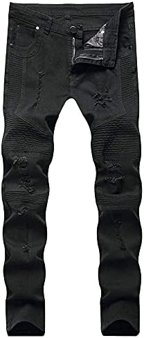 LONGBIDA Mens Ripped Biker Jeans Skinny Distressed Moto Casual Denim Pants