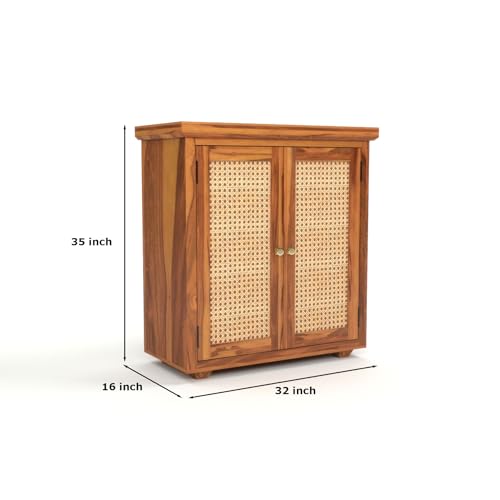 Image of Solid Sheesham Wood Sideboard Cabinet for Living Room | Wooden Storage Cabinet with 2 Cane Doors & Shelf | Modern Rattan Design Sideboard for Home (Honey Finish)