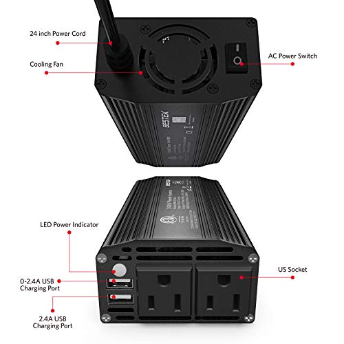 BESTEK 300W Power Inverter DC 12V to 110V AC Car Inverter with 4.2A Dual USB Car Adapter (Black)