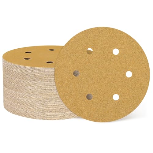 QUARKZMAN 100pcs 150 mm 6 Pulgadas Discos De Lijado 6 Agujeros 60 Grit Papel De Lija De Gancho Y Bucle Almohadillas Para Lijadora Orbital Aleatoria para Carpintería Automotriz Metal, Dorado