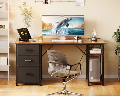 Image of AODK 51 Inch Computer Desk with Drawers & USB Power Outlets, Reversible Home Office Desk with Storage Shelves, Work from Home, Modern Work /Writing /Study Table for Bedroom, Vintage