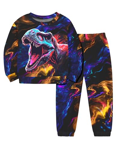 Image of Boys Clothes, T-Rex Print Dinosaur Boy Clothes Fall Winter Outfits Long-sleeved Hooded Sweatshirt Pants 2Pcs Set