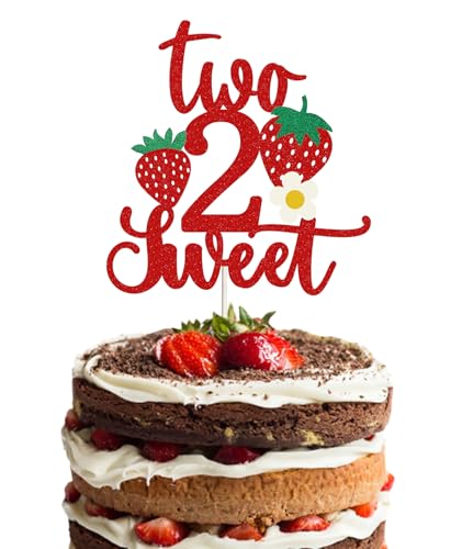 Two Sweet Strawberry Cake Topper 2e anniversaire - Fruit paillettes