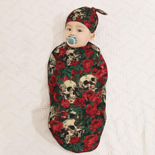Image of Skull and Red Roses Newborn Swaddle Blankets Hat Sets Soft Baby Receiving Blanket Swaddle Sack for Baby Shower Infant Boy Girl Gift