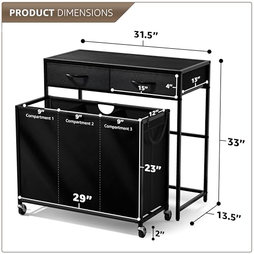 Sorbus Laundry Sorter 3 Section with Shelf, 2 Drawers & Wheels (Black) - image 3