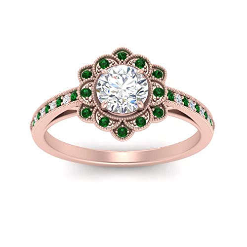 Image of 55Carat Choose Your Gemstone Milgrain Floral Halo Diamond CZ Ring Rose Gold Plated Round Shape Halo Engagement Rings Everyday Jewelry Wedding Jewelry Handmade Gifts for Wife US Size 4 to 12
