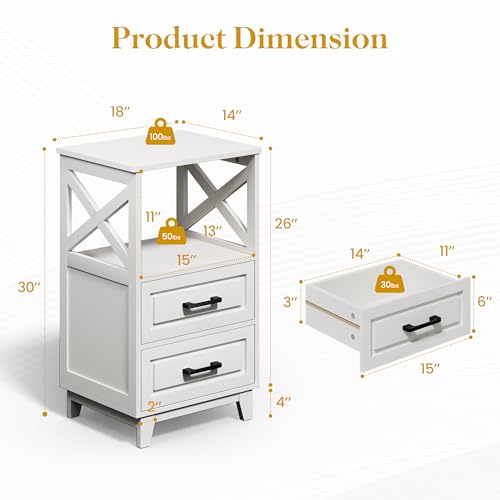 Image of RoyalCraft 30 inch Tall Nightstand, Modern Painted Bedside Table with 2 Drawers and Open Shelf, Wood Side Table for Bedroom, Home Office, White-Open Shelf Above, Set of 1