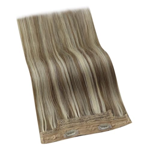 Image of YoungSee Wire Hair Extensions Highlight Invisible Wire Hair Extensions Real Human Hair Highlights Light Brown with Platinum Blonde Fish Line Hair Extension for Short Hair 75G 12Inch