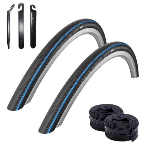 2 x Schwalbe Lugano 28' Rennradreifen Reifen Schwarz - Blauer Streifen 700 x 25C (25-622) + 2 Schwalbe Schl&auml;uche SV15 inkl. 3 Reifenheber