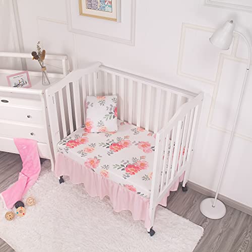 Image of La Premura Mini Crib Bedding Set for Girls, Watercolor Floral Baby Nursery Portable Crib Set, 3 Piece, Pastel Pink