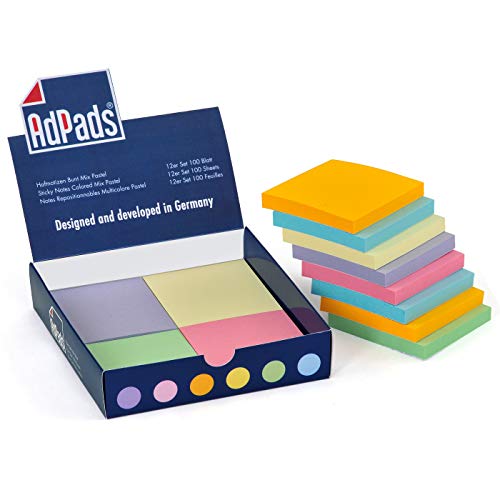 AdPads® selbstklebende Haftnotizzettel | 75 x 70mm, 12 Blöcke à 100 Blatt, Set Bunt Pastellfarbe | Große Sticky Notes Box Cover