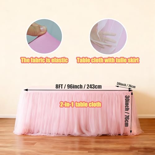 Yoquare 1-Pack Pink 2-in-1 Tulle Tablecloth for 8-Foot Rectangular Table – Stretch Fitted Table Skirt & Cover for Baby Shower, Bridal, Birthday, Princess Party by Yoquare - Used condition - Image 2