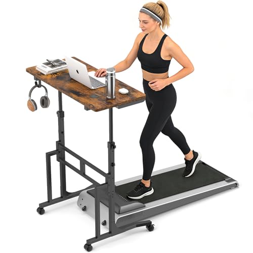 ikkle Standing Desk with Wheels Adjustable Treadmill Desk Rolling Bike Trainer Desk for Walking Pad Laptop Phone Standing Brown