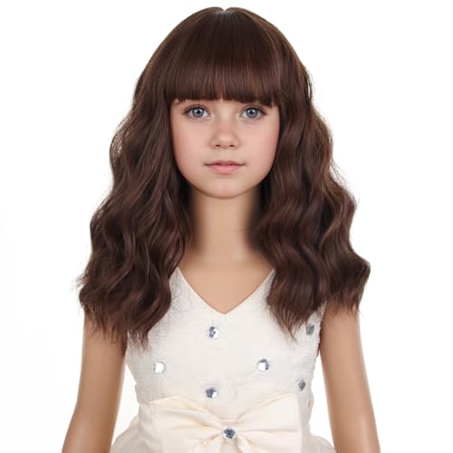Image of PATTNIUM Kids Short Brown Wig Girls Mixed Brown Short Curly Wavy Wig Chocolate Brown Synthetic Children Wigs Cosplay Costume Party with Wigs Cap