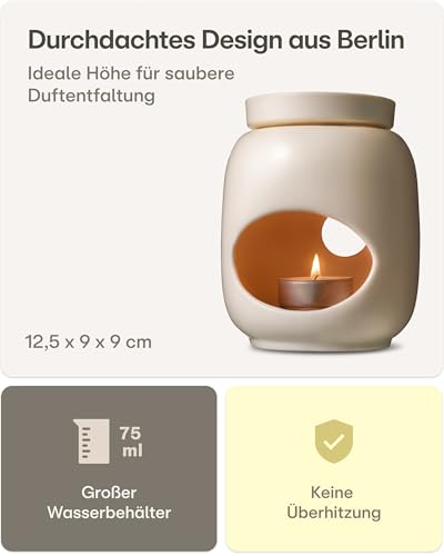Praknu Duftlampe für Ätherische Öle aus Keramik 75 ml – Sanftes Verdampfen – Langanhaltender Duft – Aroma Duftöl Lampe – Stövchen für Duftöle & Duftwachs – Duftlampe Teelicht – Aromalampe – Weiß