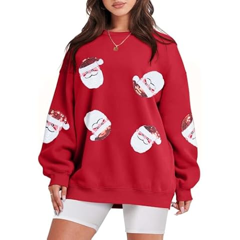 UNIQUEONE Womens Christmas Sweatshirt Sequin Santa Shirt Cute Chirstmas Graphic Tees Chirstmas Crewneck Long Sleeve Tops Red Cover