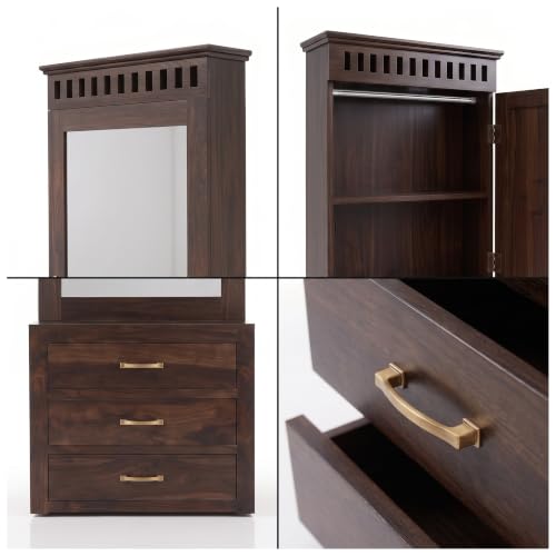 Image of SONA ART & CRAFTS Solid Sheesham Wood Dressing Table with Storage Mirror & 3 Drawers, & 1 Door Storage for Living Room Bedroom Wooden Make Up Vanities Dresser for Bedroom Home (Walnut Finish)