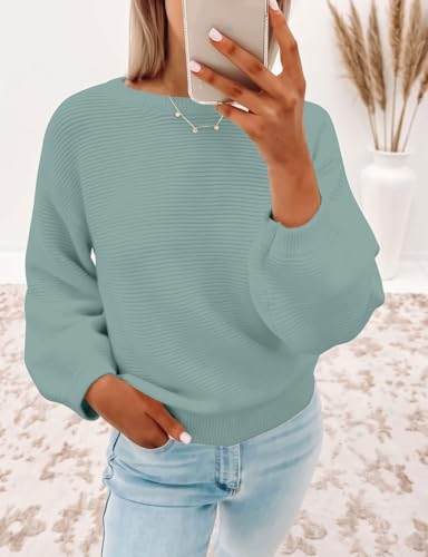 Image of ZESICA Women's Crew Neck Long Lantern Sleeve Fall 2026 Casual Loose Ribbed Knit Solid Soft Pullover Sweater Tops