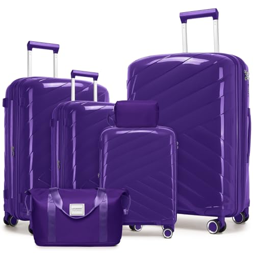 Image of 6 Piece Luggage Set Carry on Suitcase with Spinner Wheels, Expandable Hardshell Luggage PP Lightweight Suitcase Set for Women(32 /28 /24 /20in Grape Purple)