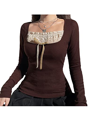 Women's Long Sleeve Knitted Y2K Tops Lace Patchwork Tees Teen Girls Vintage Slim Blouse Fall Clothes