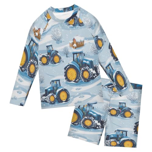 Winter Tractor Snow Boys Swimsuit Rash Guard Toddler Kids Long Sleeve Swim Shirt and Trunks Swimwear Set 3-10Y