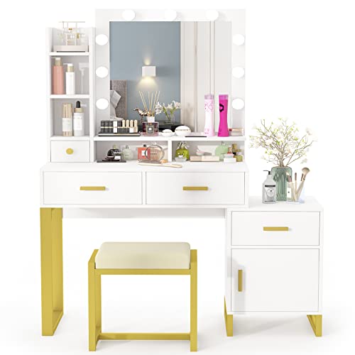 Pakasept Makeup Desk With Mirror And Lights, Desk And Chair, Vanity Table Set With Cushioned Stool, Shelves & Drawers, Storage Cabinet For Bedroom, White #TOP7